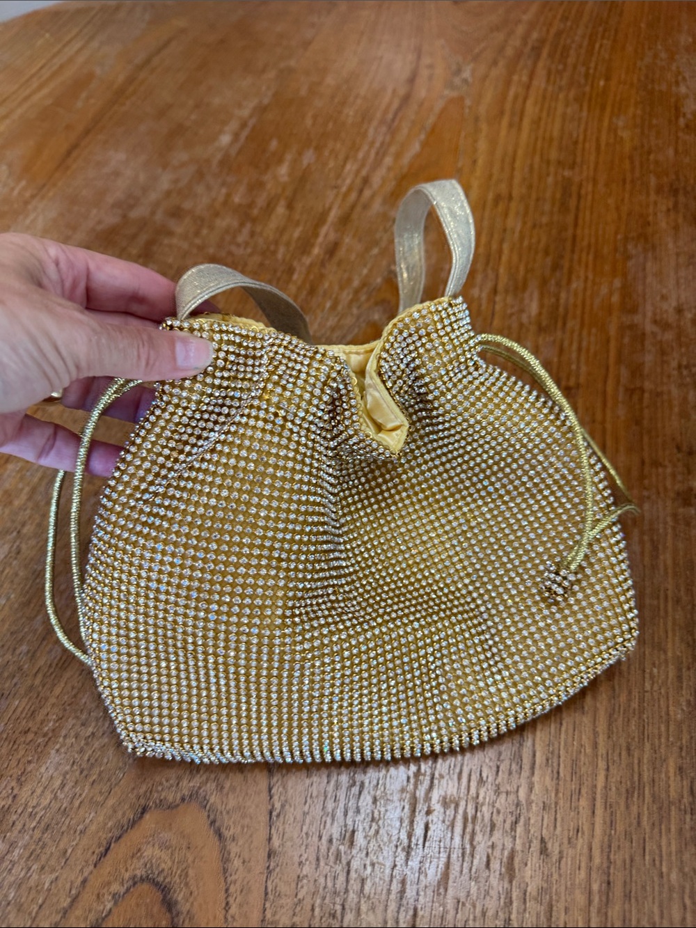 Gold Crystal-Embellished Drawstring Women’s Bag